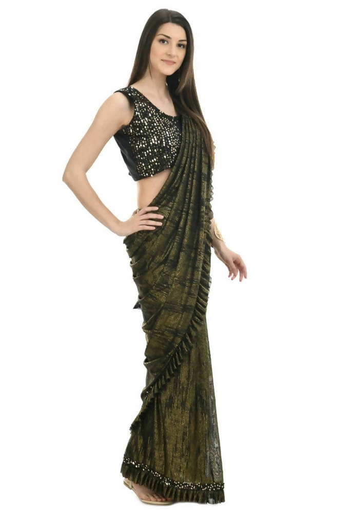 Mominos Fashion All Season Wear Olive Green And Black Ruffled Ready To Wear Saree | Grocsy