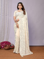 White Pure Georgette Embroidered Saree With Stitched Blouse - Nimaya Kaksha | Grocsy