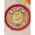 Tied Ribbons Red Printed Pooja Thali With Attached Incense Diya Tilak Holder | Grocsy