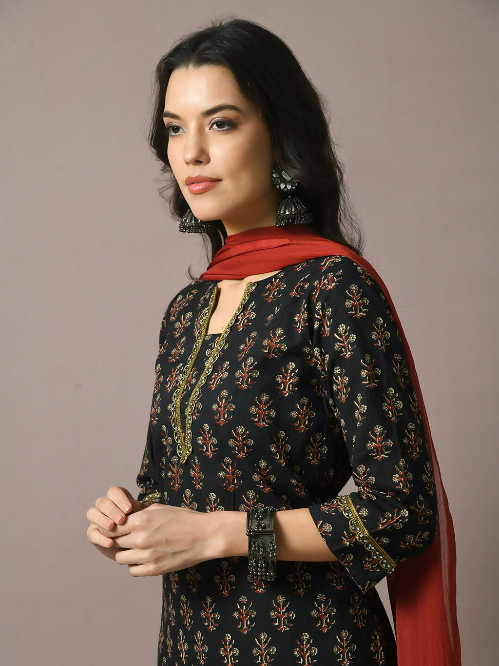Myshka Women's Black Printed Cotton Straight Party Kurta Set With Dupatta | Grocsy