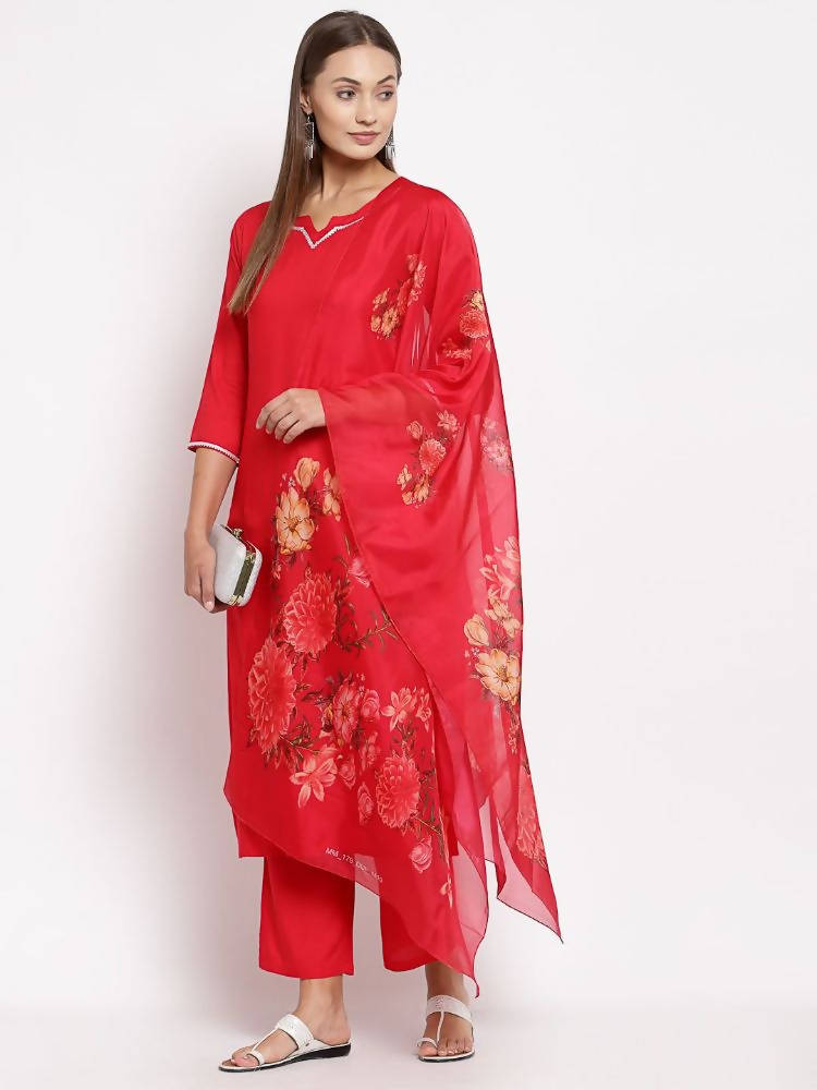 Myshka Women's Red Cotton Solid 3/4 Sleeve Square Neck Casual Kurta Pant Dupatta Set | Grocsy