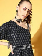 Ahalyaa Women Navy Blue Colour Rayon Silver Foil Printed Top Palazzo Set | Grocsy