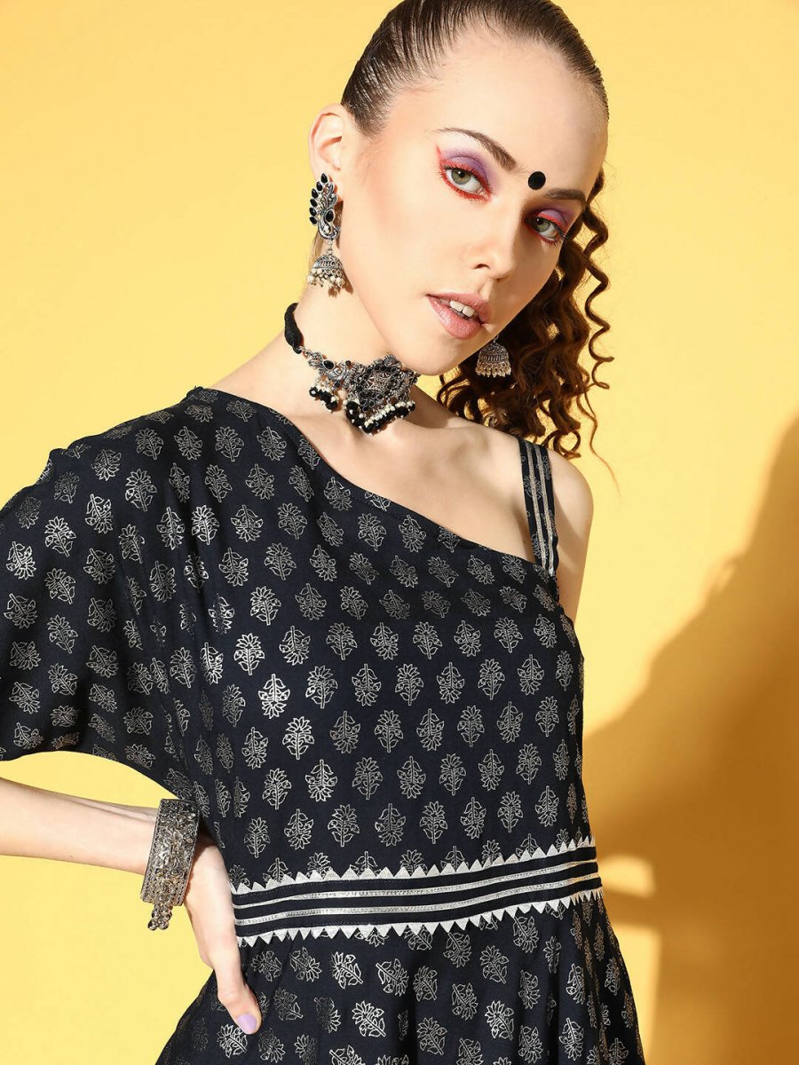 Ahalyaa Women Navy Blue Colour Rayon Silver Foil Printed Top Palazzo Set | Grocsy
