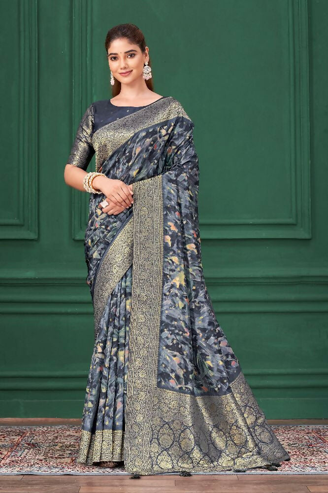 Blue Tussar Silk Jacquard Abstract Digital Print Saree with Unstitched Blouse - Mohira | Grocsy
