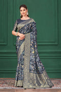 Blue Tussar Silk Jacquard Abstract Digital Print Saree with Unstitched Blouse - Mohira | Grocsy
