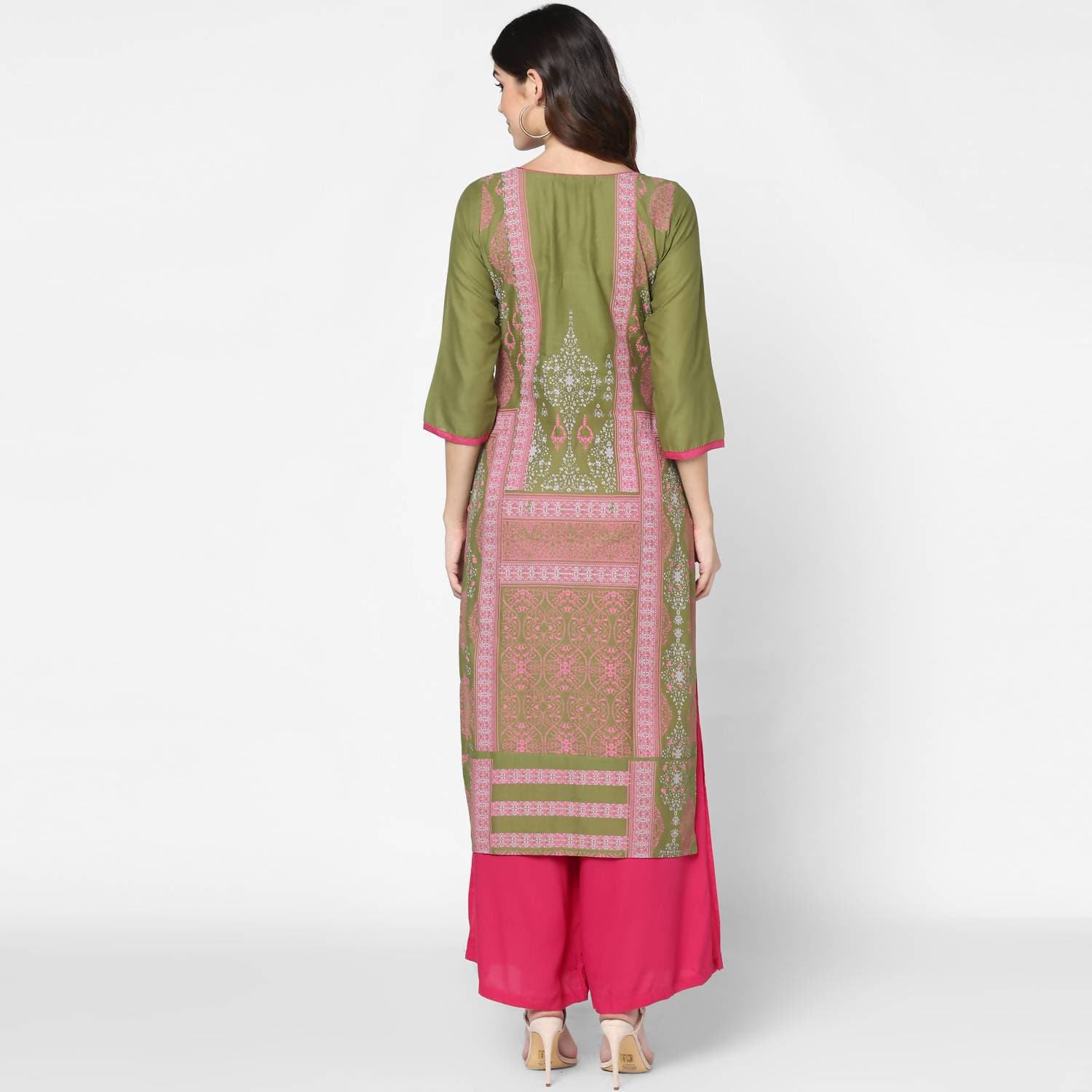 Cheera Hand Block Print Olive Green & Magenta Straight Kurta With Palazzo (MAAI-073K) | Grocsy