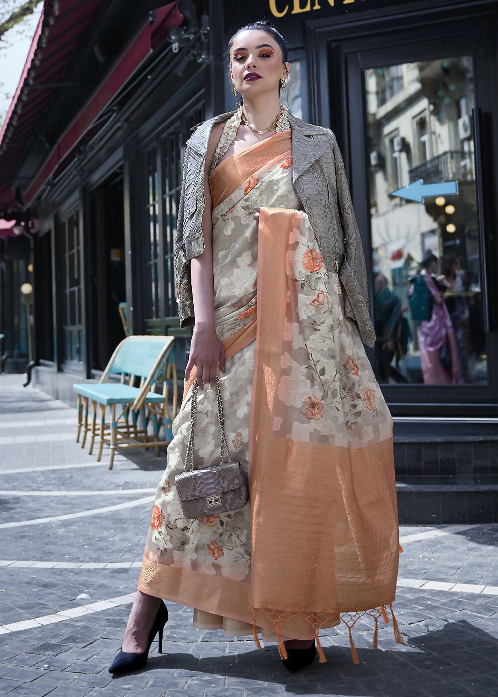 Lovely Orange & Cream Polly Brasso Designer Saree - Emponline | Grocsy