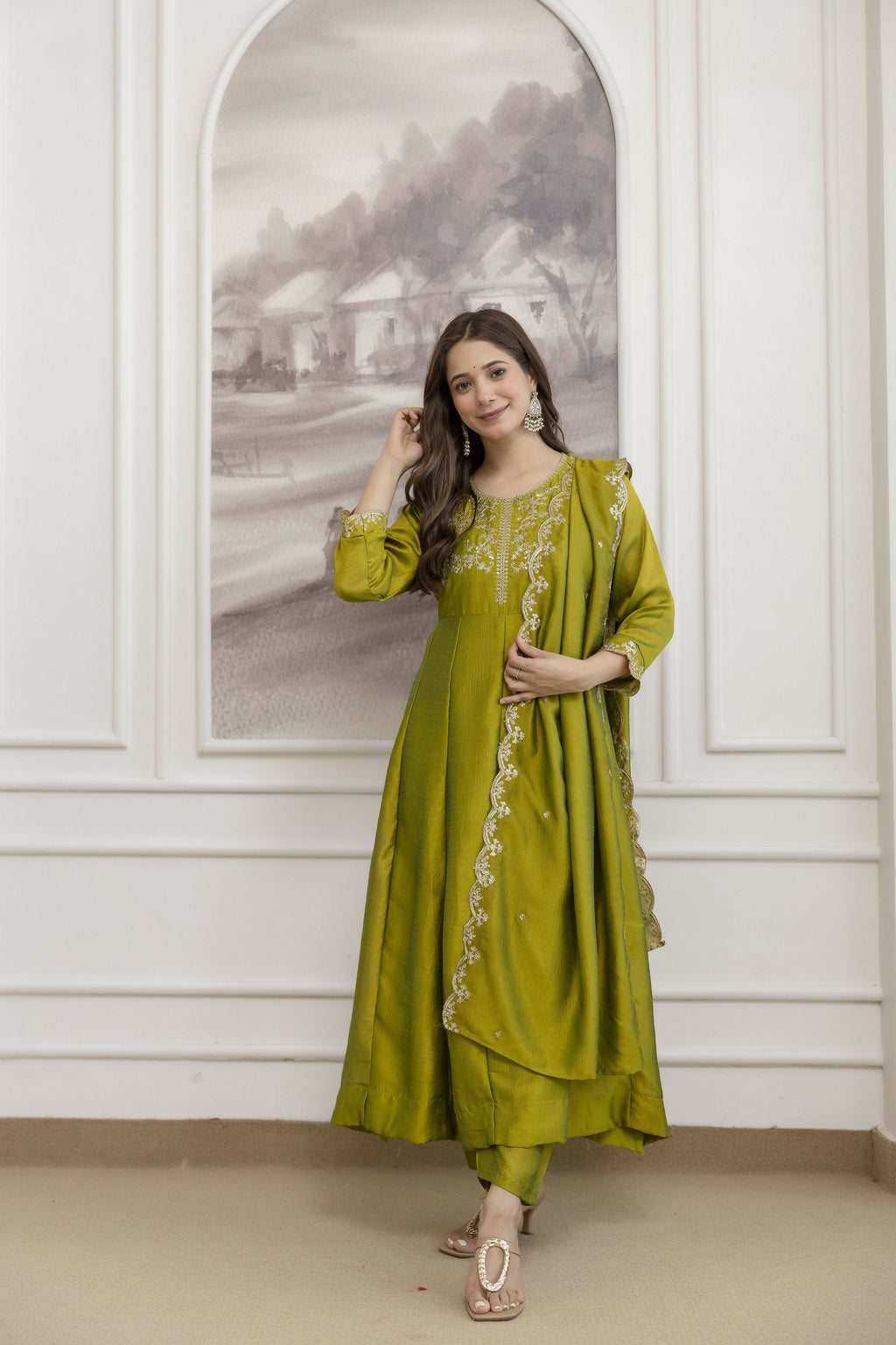 The52 Light Green Women's Beautiful Vichitra Silk Fabric Embroidered Work Flared Anarkali Pant and Dupatta Set | Grocsy