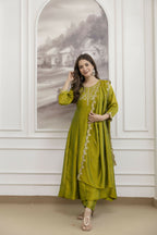 The52 Light Green Women's Beautiful Vichitra Silk Fabric Embroidered Work Flared Anarkali Pant and Dupatta Set | Grocsy