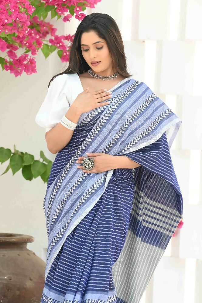 Beatitude Blue Cotton Tanchori Handloom Saree | Grocsy
