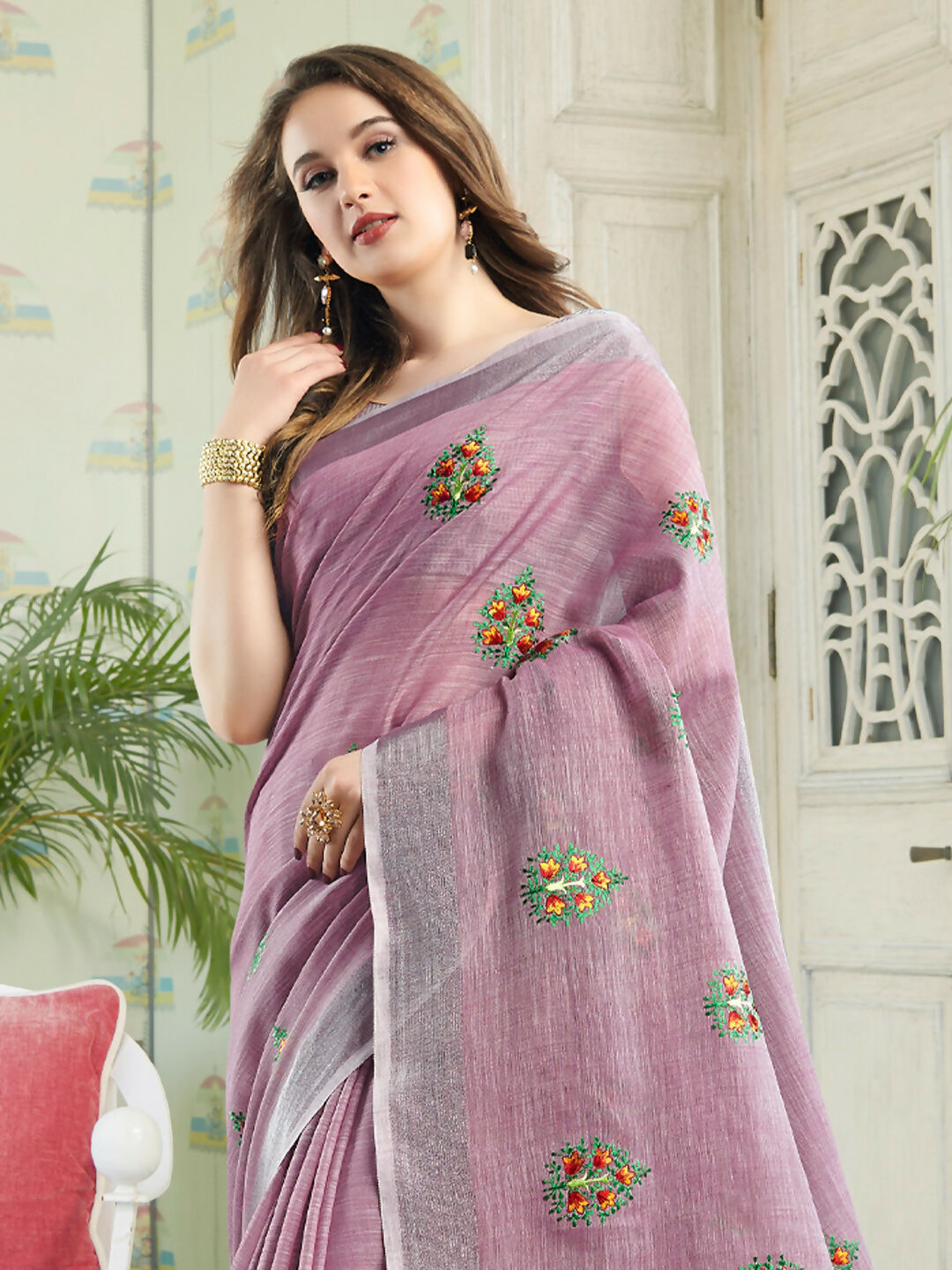 Shree Shyam Fashion Linen Light Purple Saree | Grocsy