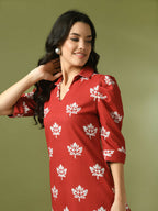 Myshka Women's Rust Printed Shirt Collar Fit and Flare Party Dress | Grocsy
