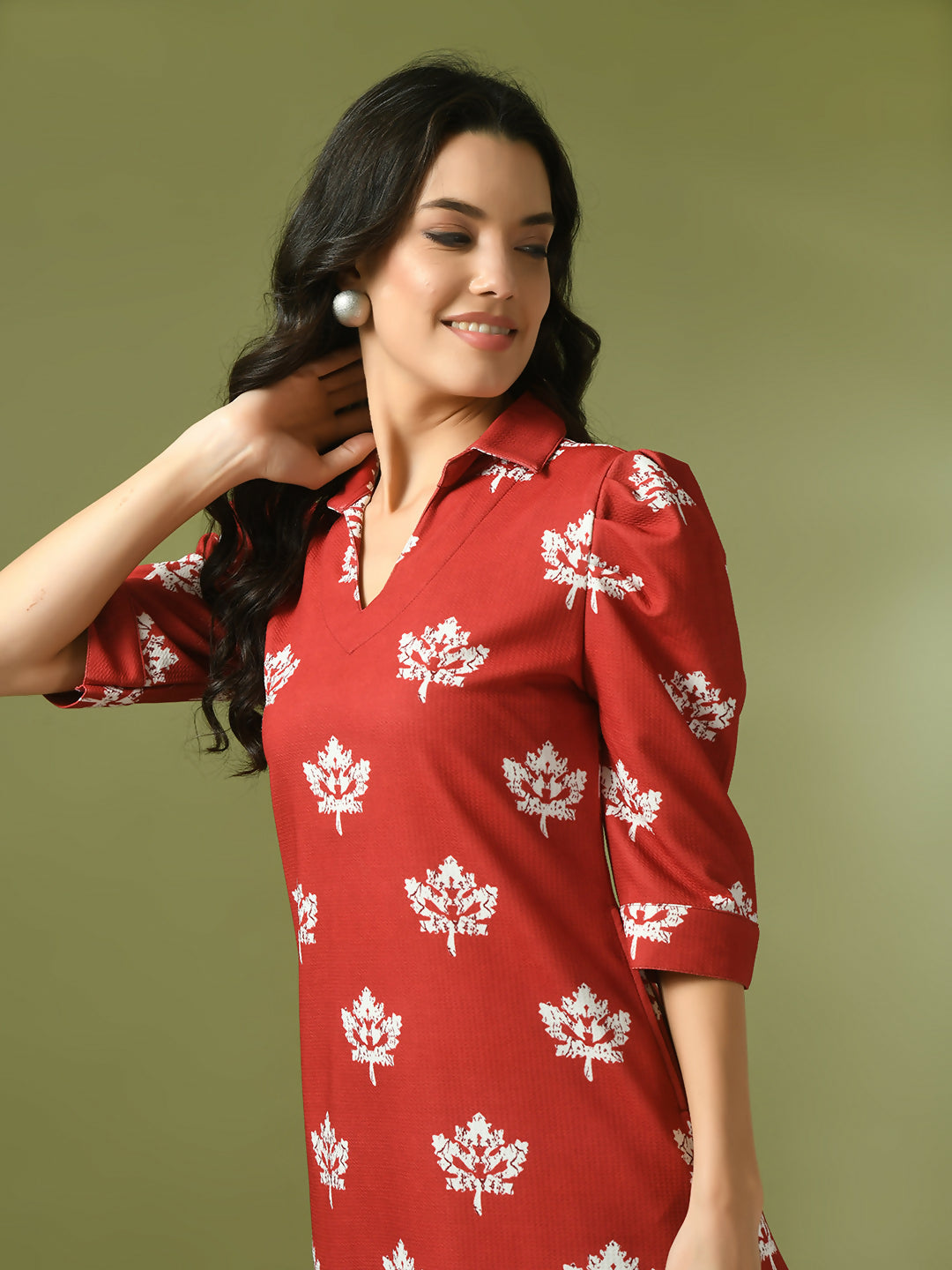 Myshka Women's Rust Printed Shirt Collar Fit and Flare Party Dress | Grocsy