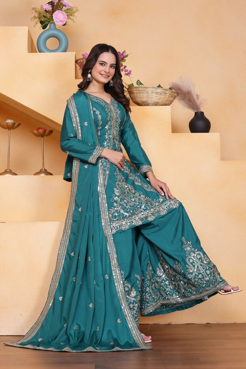 Teeya Creation Teal Color Natural Crepe Silk Wedding Wear Trending Palazzo Set | Grocsy