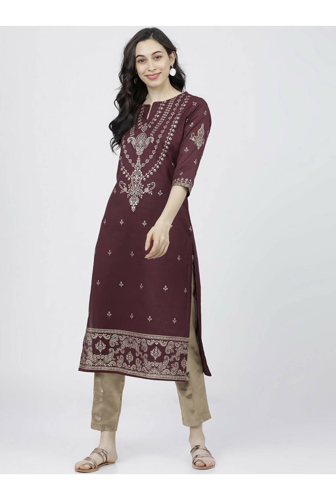 Cheera Embellished Daily Wear Cotton Blend Kurta - Dark Brown | Grocsy
