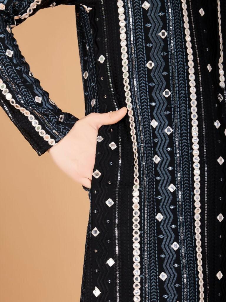 Vastranavya Black Exclusive Festival Wear Pure Viscose Rayon Sequence & Foil Mirror Heavy Embroidered Work Kurta | Grocsy