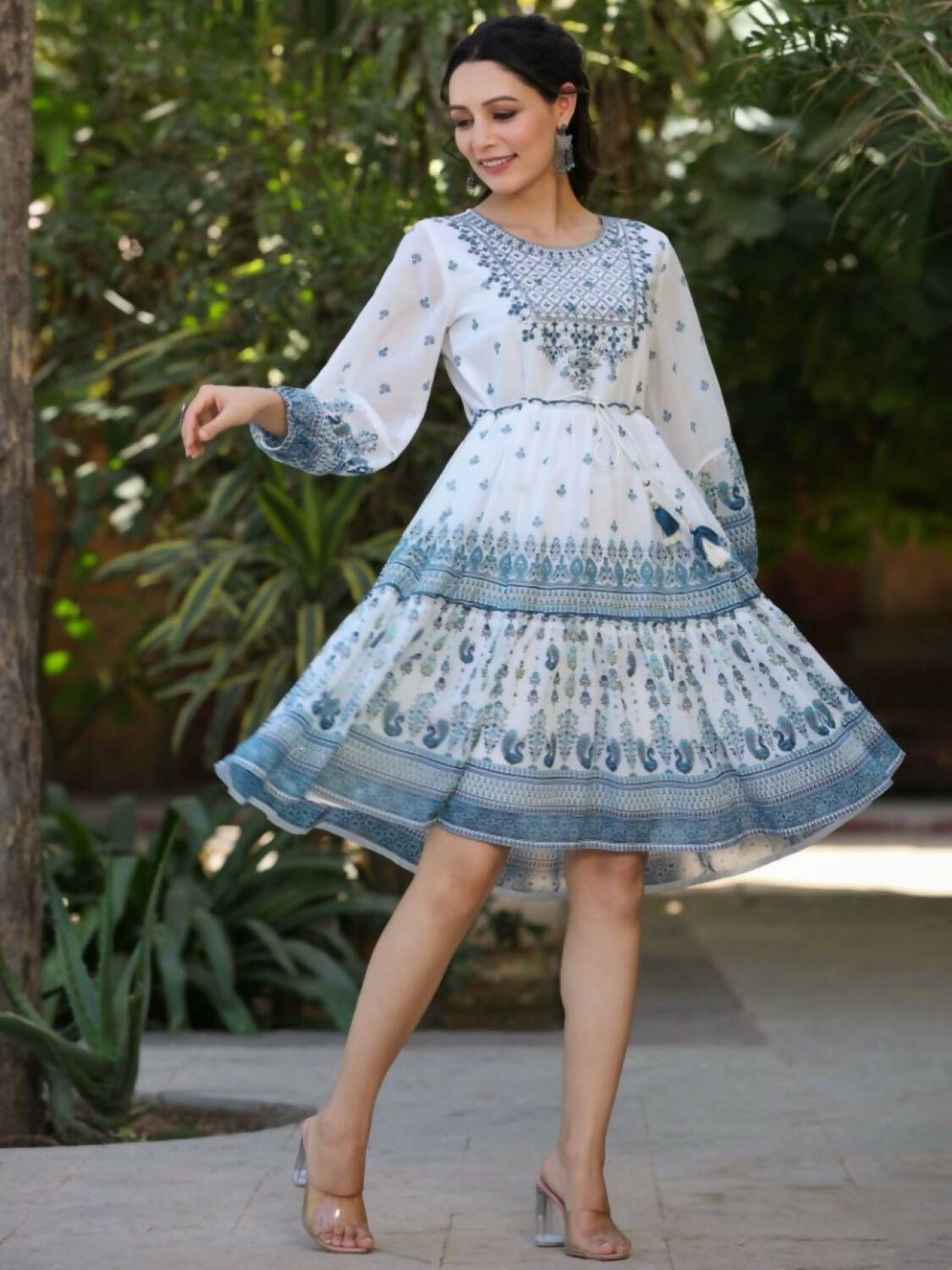 Juniper Women Off-White Georgette Printed Short Tiered Dress with Embroidered Yoke | Grocsy