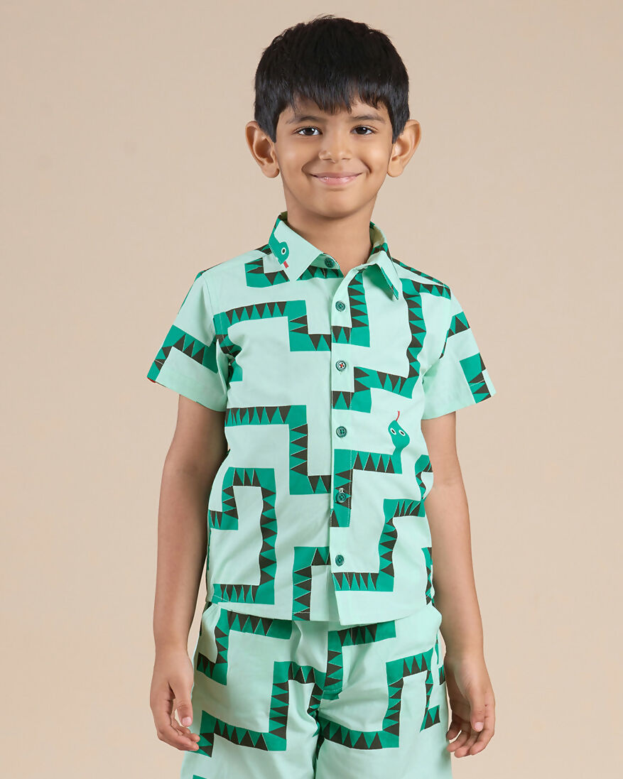 Snakes and Ladders Boys Green Table Print Shirt from Siblings Collection | Grocsy