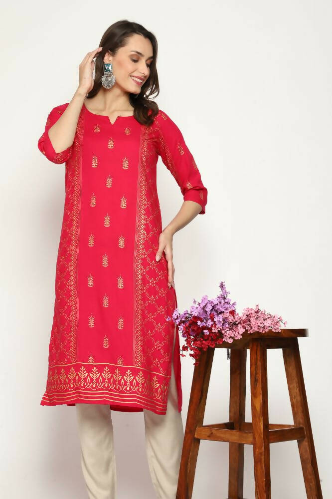 Maai Rayon Hand Printed Kurta Red | Grocsy