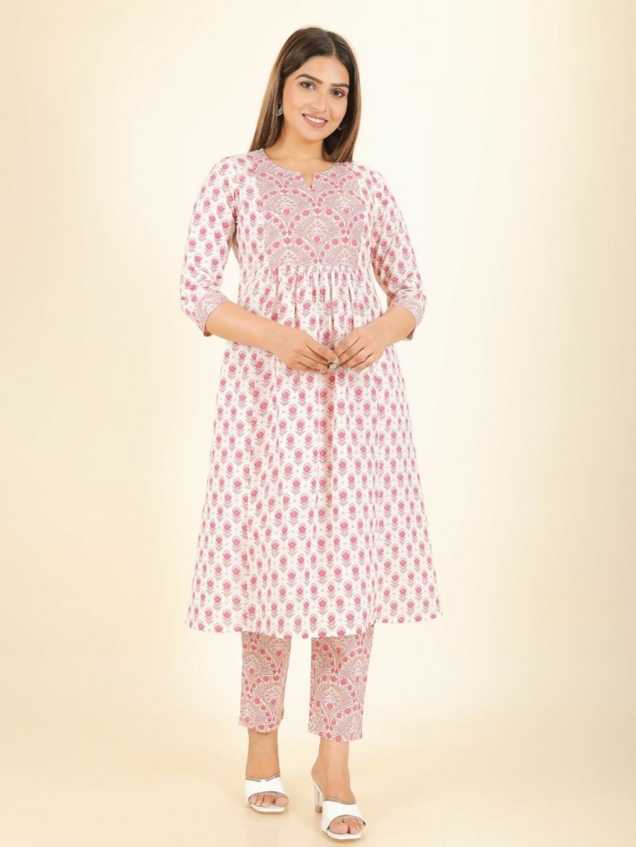 Aramya White Soft Cotton Floral Print Panelled Kurta Set for Women | Grocsy