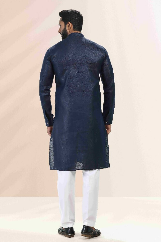Raivat Ethnic Linen Cotton Pintux Work Kurta Pajama In Blue Colour | Grocsy