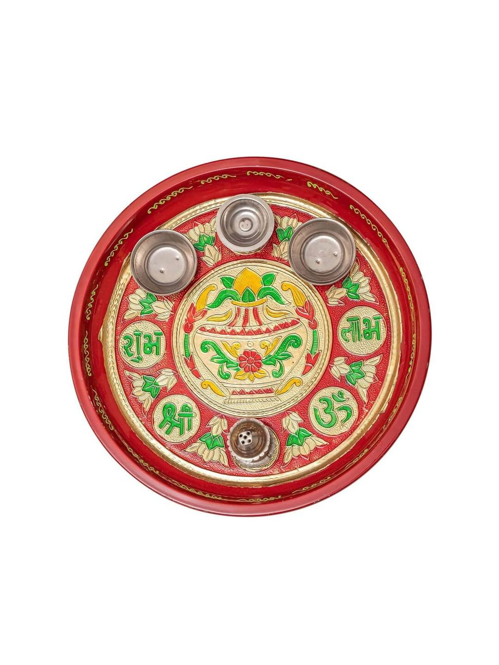 Tied Ribbons Red Printed Pooja Thali With Attached Incense Diya Tilak Holder | Grocsy