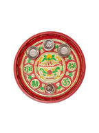 Tied Ribbons Red Printed Pooja Thali With Attached Incense Diya Tilak Holder | Grocsy