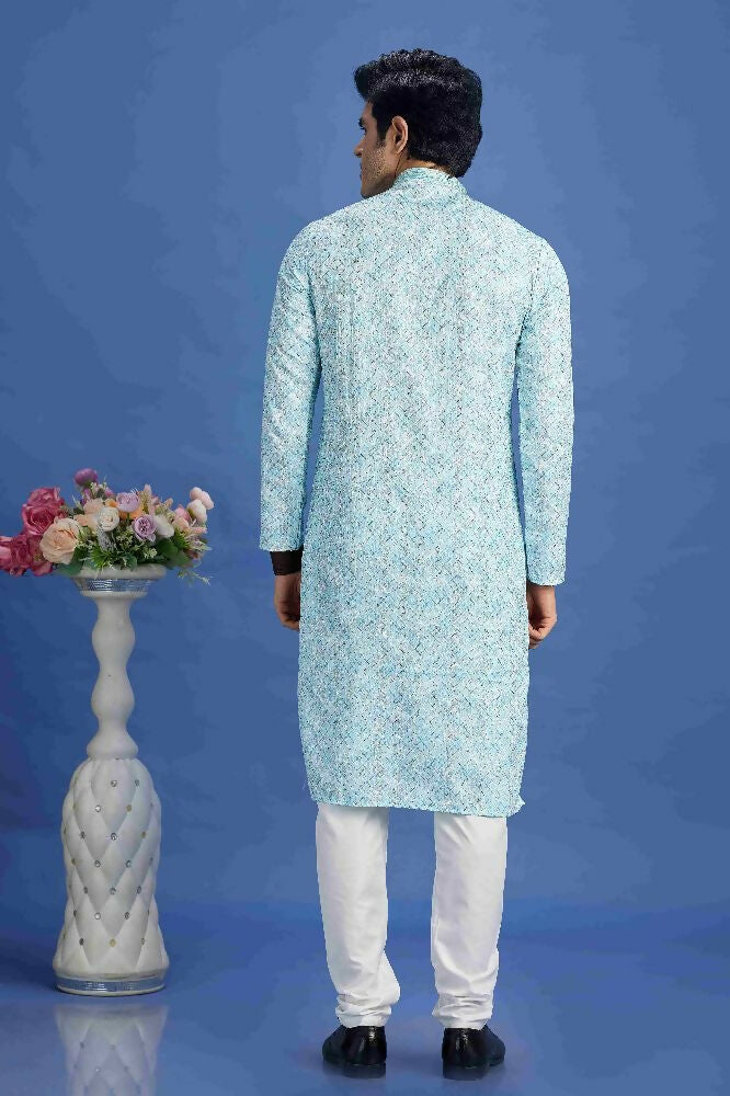 Raivat Ethnic Cotton Embroidery Kurta Pajama In Sky Blue Colour | Grocsy