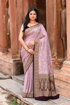 Joban Fashion Nude Pink Crepe Chiffon Pure Handloom Banarasi Silk Saree | Grocsy