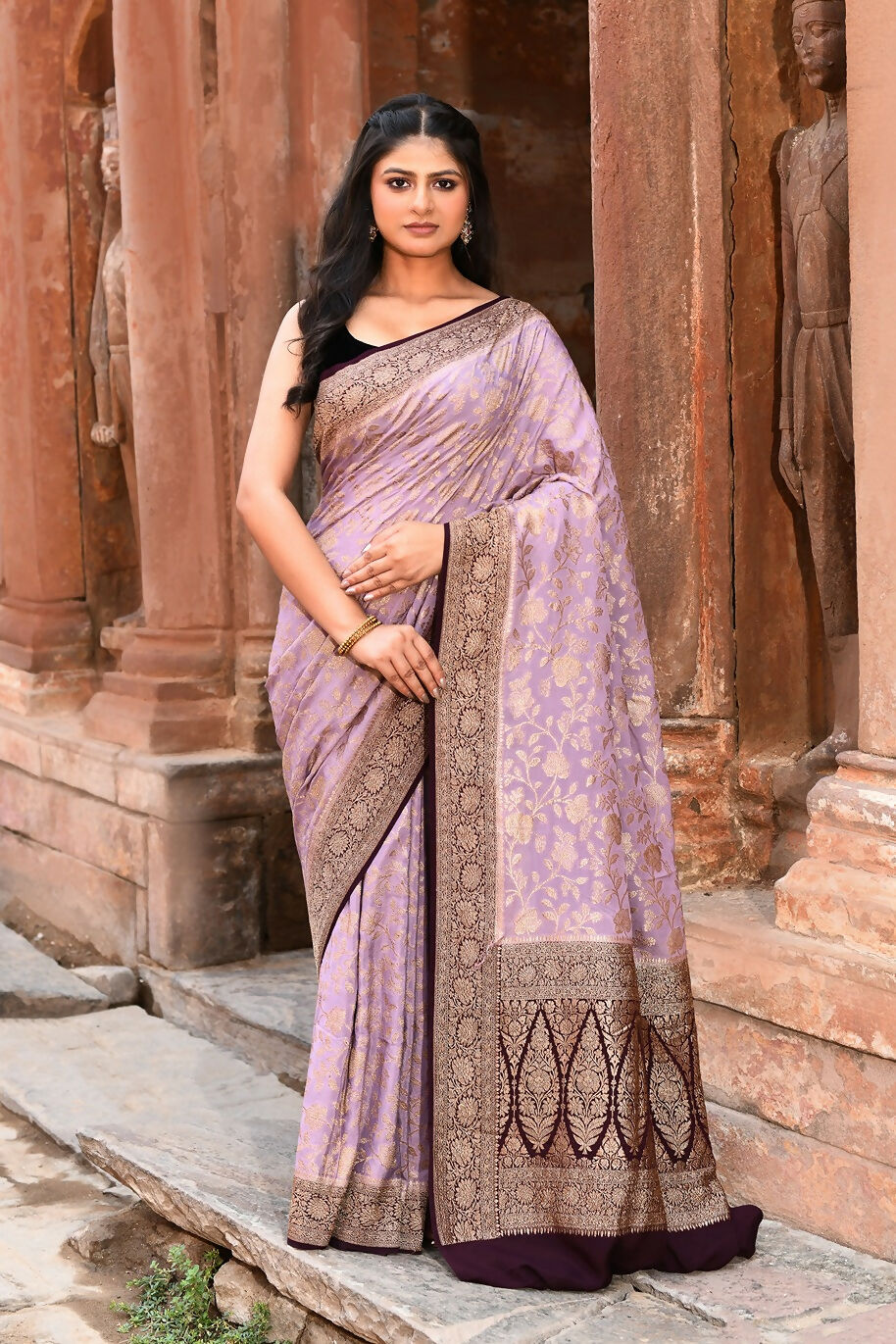 Joban Fashion Nude Pink Crepe Chiffon Pure Handloom Banarasi Silk Saree | Grocsy
