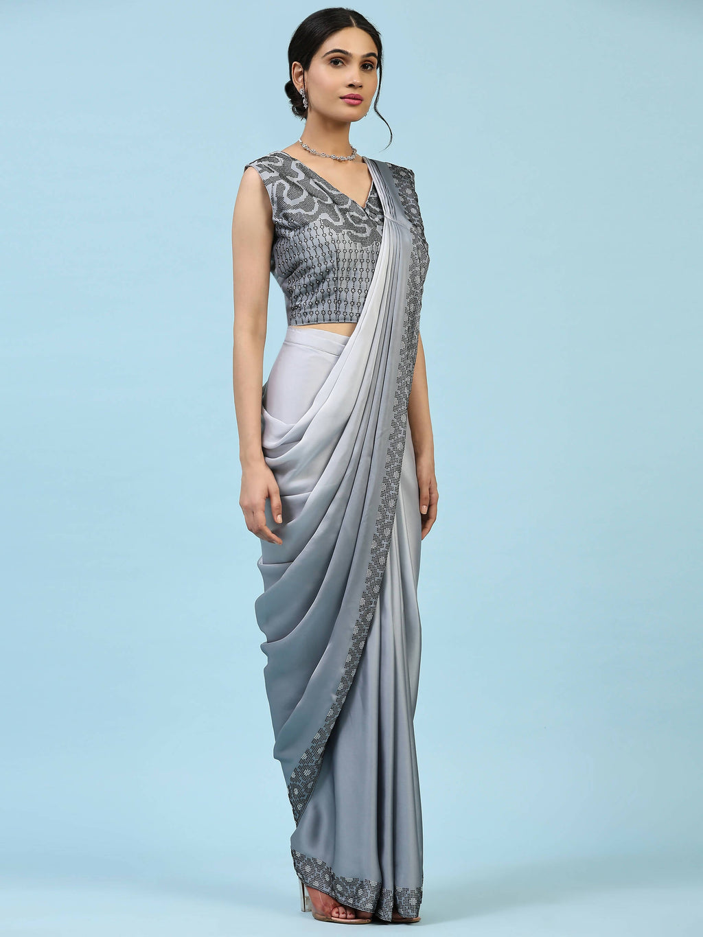 Grey Ombre Satin Georgette Plain Ready to wear Saree with stitched Blouse - Vrinda | Grocsy