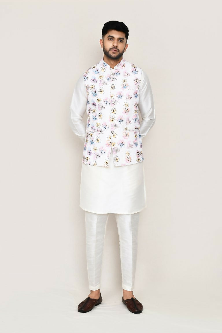Joban Fashion White Colored Art Silk Fabric Kurta, Jacket With Straight Fit Pant | Grocsy