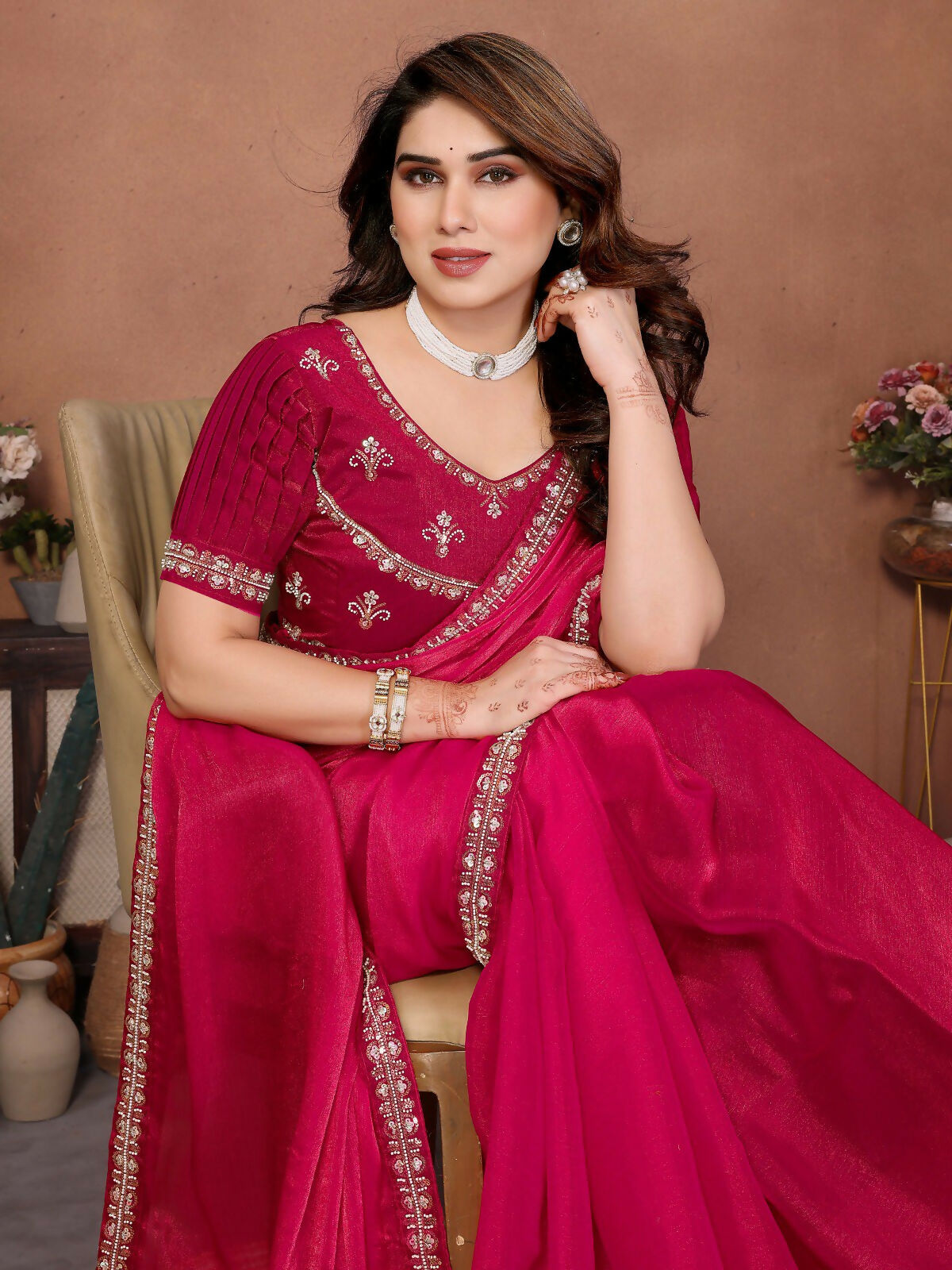 Teeya Creation Trendy Stylish Party Wear Fendy Chiffon Saree-Pink | Grocsy