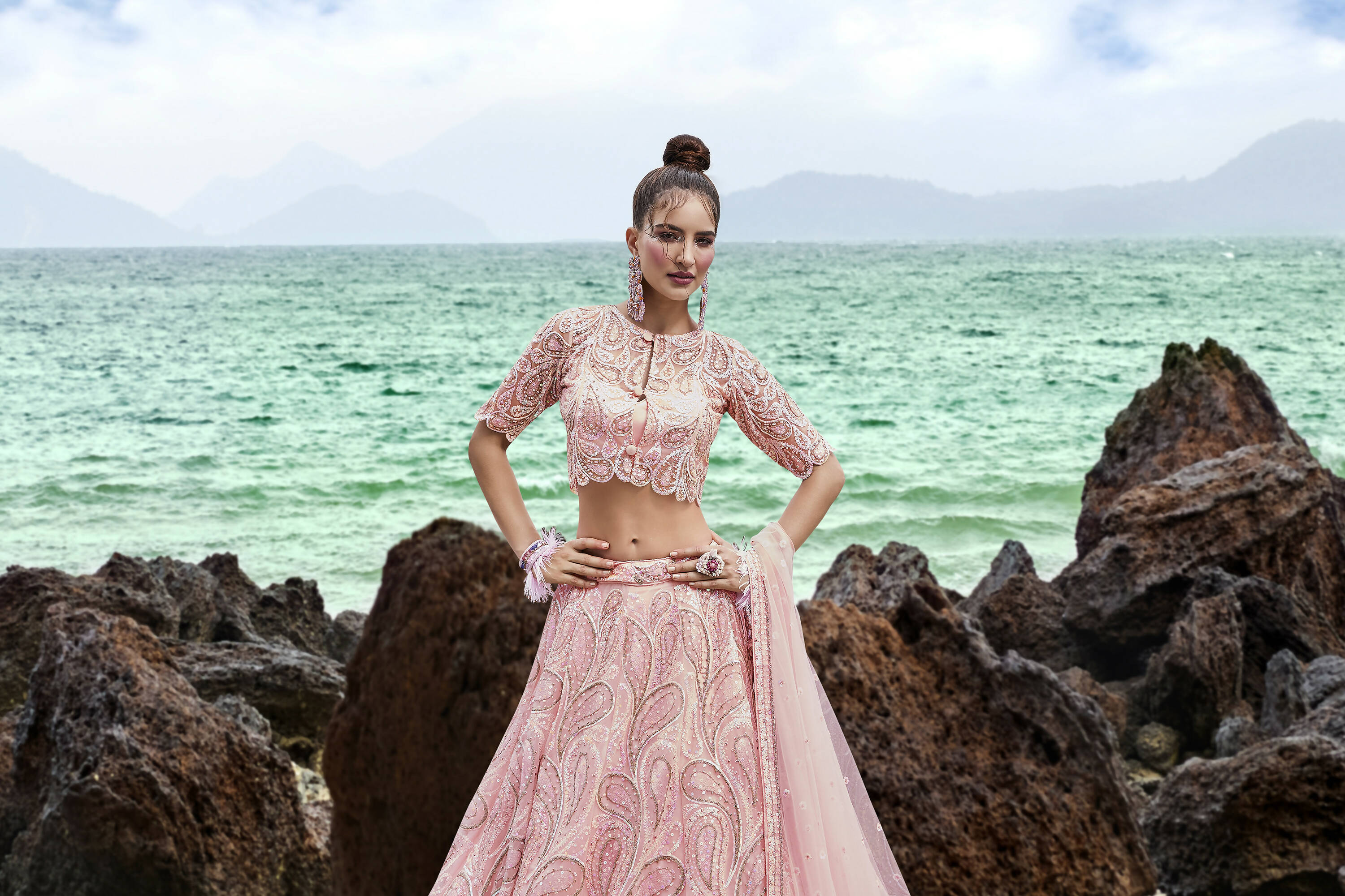 House of Panchhi Coral Net Multi Sequins with heavy Zarkan embroidery Lehenga choli & Dupatta | Grocsy