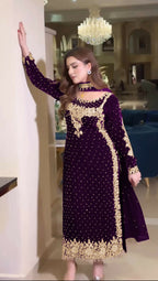 Joban Fashion Purple Velvet Sequence Embroidery Work Kurta Set | Grocsy