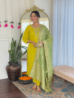 The52 Women's Beautiful Chanderi Viscose Embroidered Straight Kurta with Pant And Dupatta Set | Grocsy