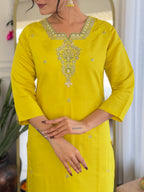 The52 Women's Beautiful Chanderi Viscose Embroidered Straight Kurta with Pant And Dupatta Set | Grocsy