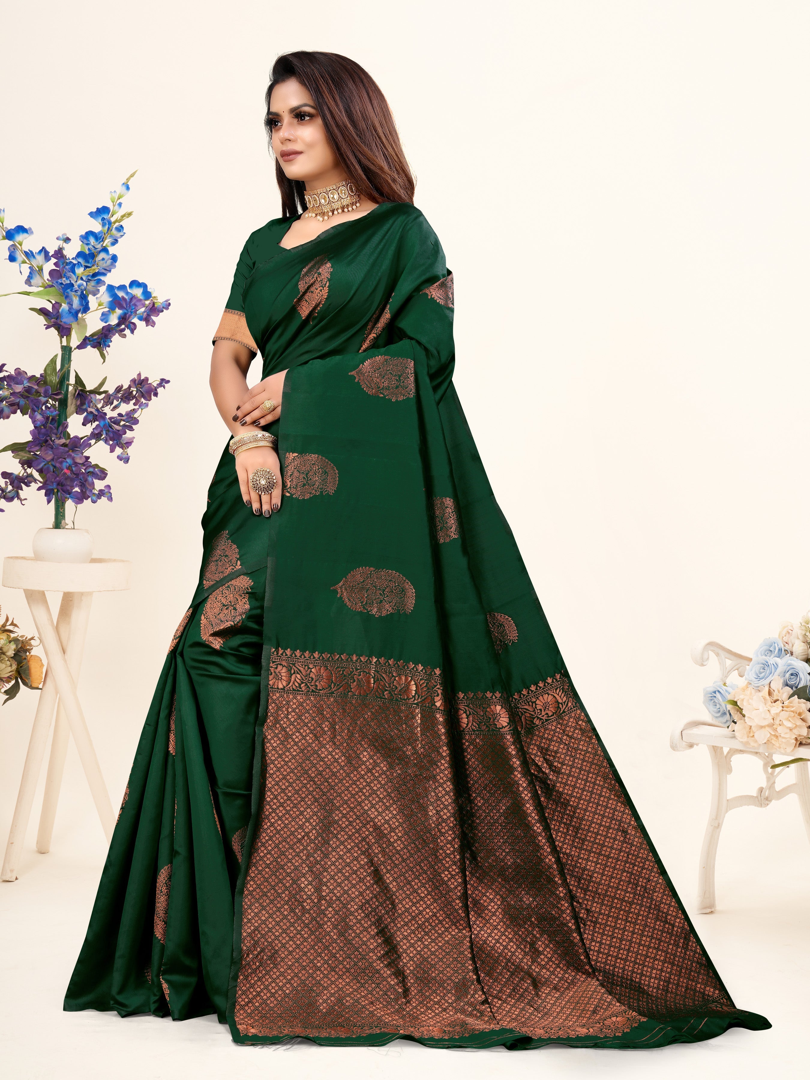 Vedant Vastram Litchi Silk Designer Banarasi Saree - Bottle Green | Grocsy