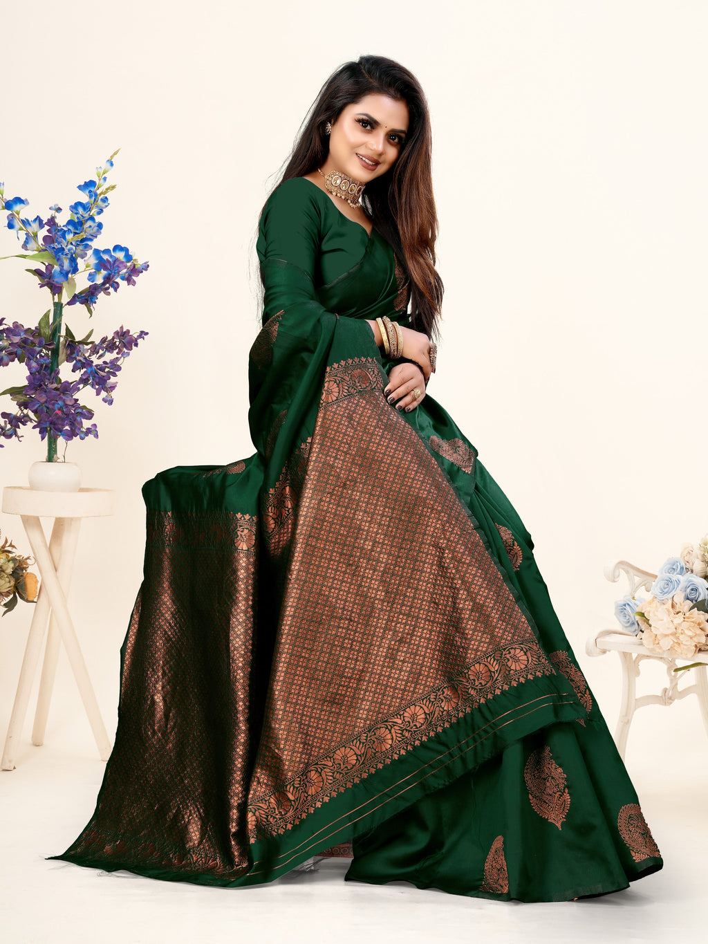Vedant Vastram Litchi Silk Designer Banarasi Saree - Bottle Green | Grocsy