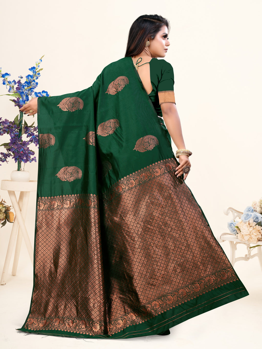 Vedant Vastram Litchi Silk Designer Banarasi Saree - Bottle Green | Grocsy