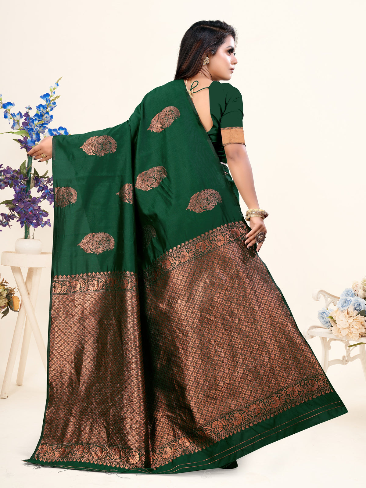 Vedant Vastram Litchi Silk Designer Banarasi Saree - Bottle Green | Grocsy