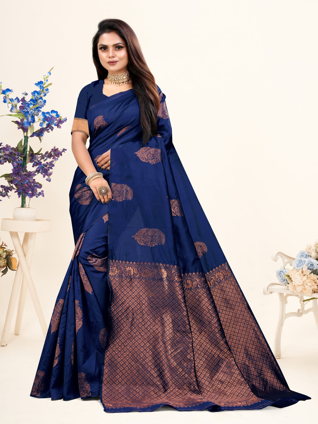 Vedant Vastram Litchi Silk Designer Banarasi Saree - Navy | Grocsy