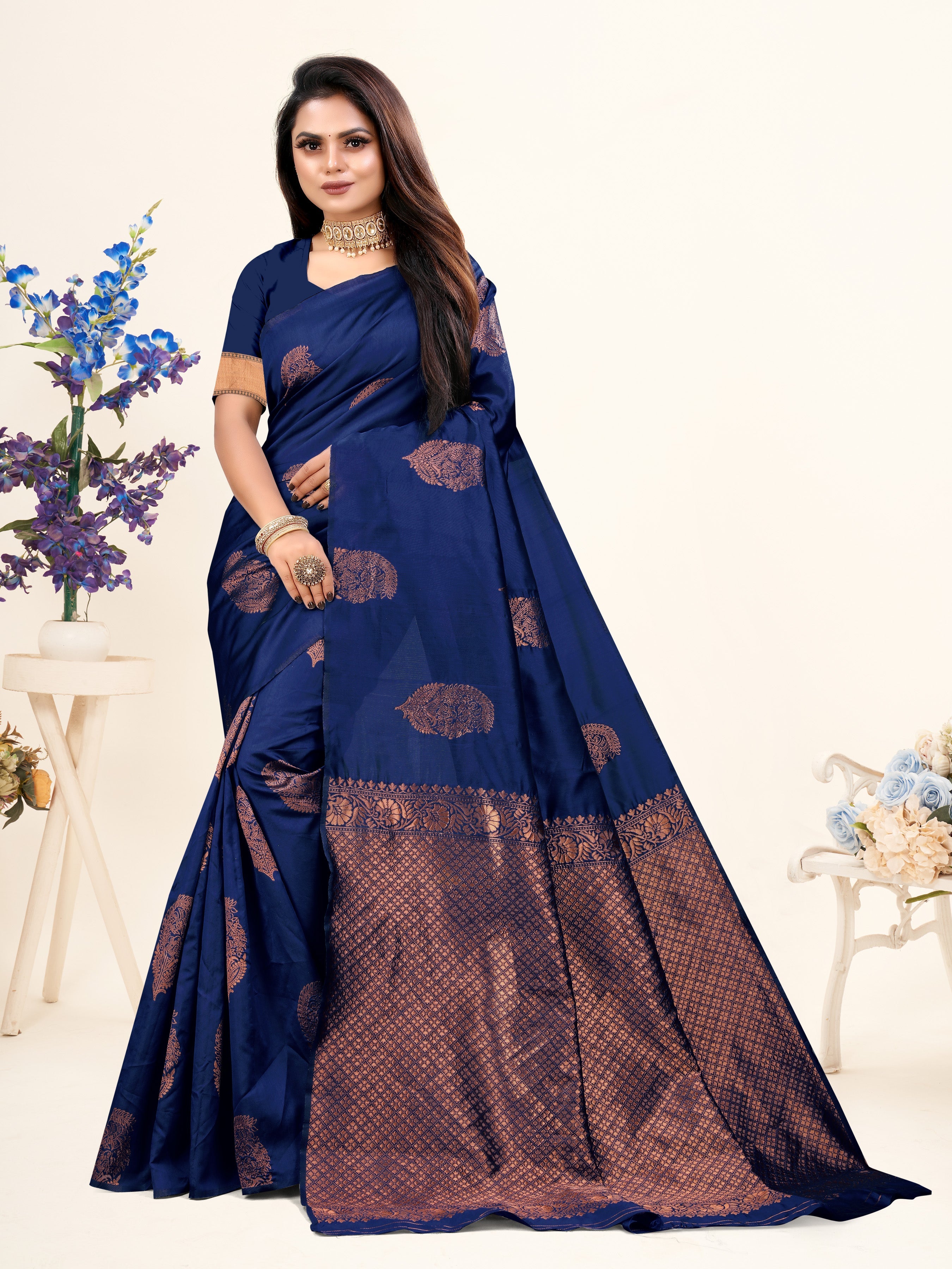 Vedant Vastram Litchi Silk Designer Banarasi Saree - Navy | Grocsy