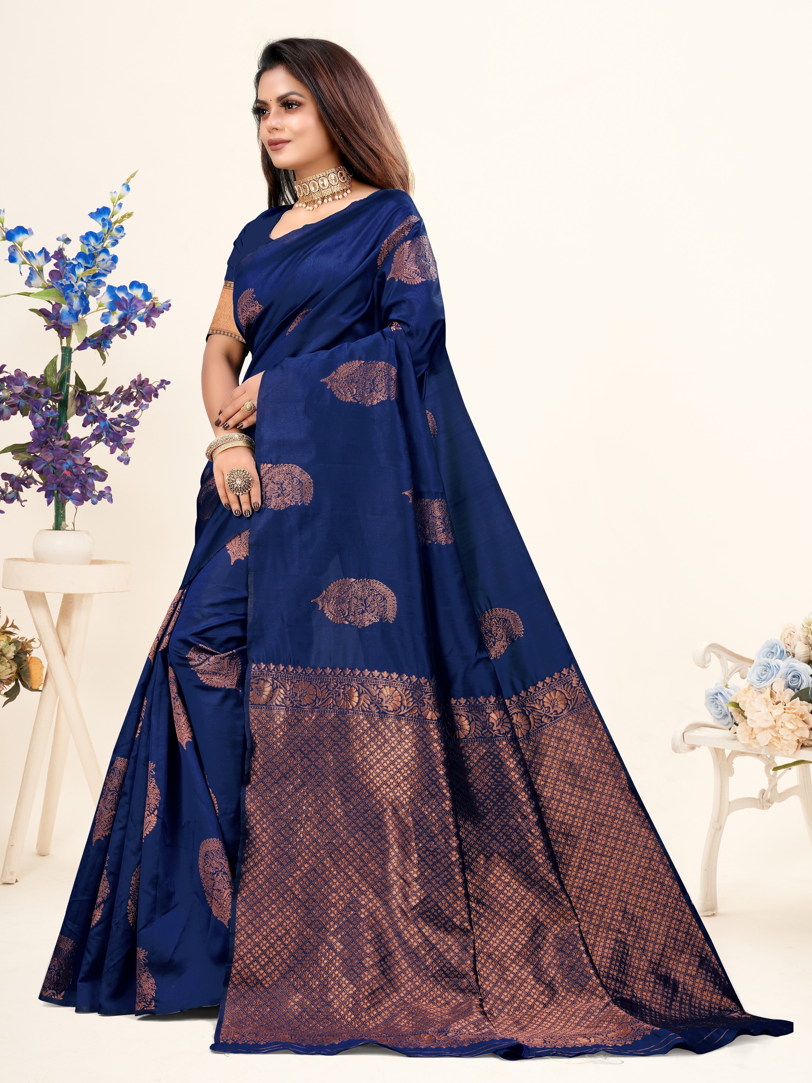 Vedant Vastram Litchi Silk Designer Banarasi Saree - Navy | Grocsy