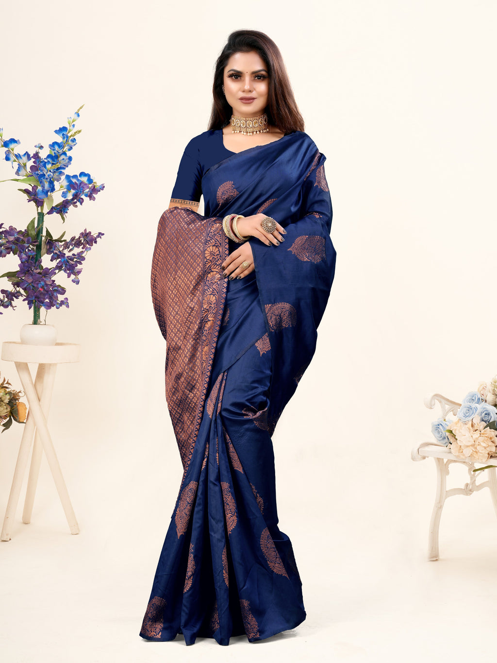 Vedant Vastram Litchi Silk Designer Banarasi Saree - Navy | Grocsy