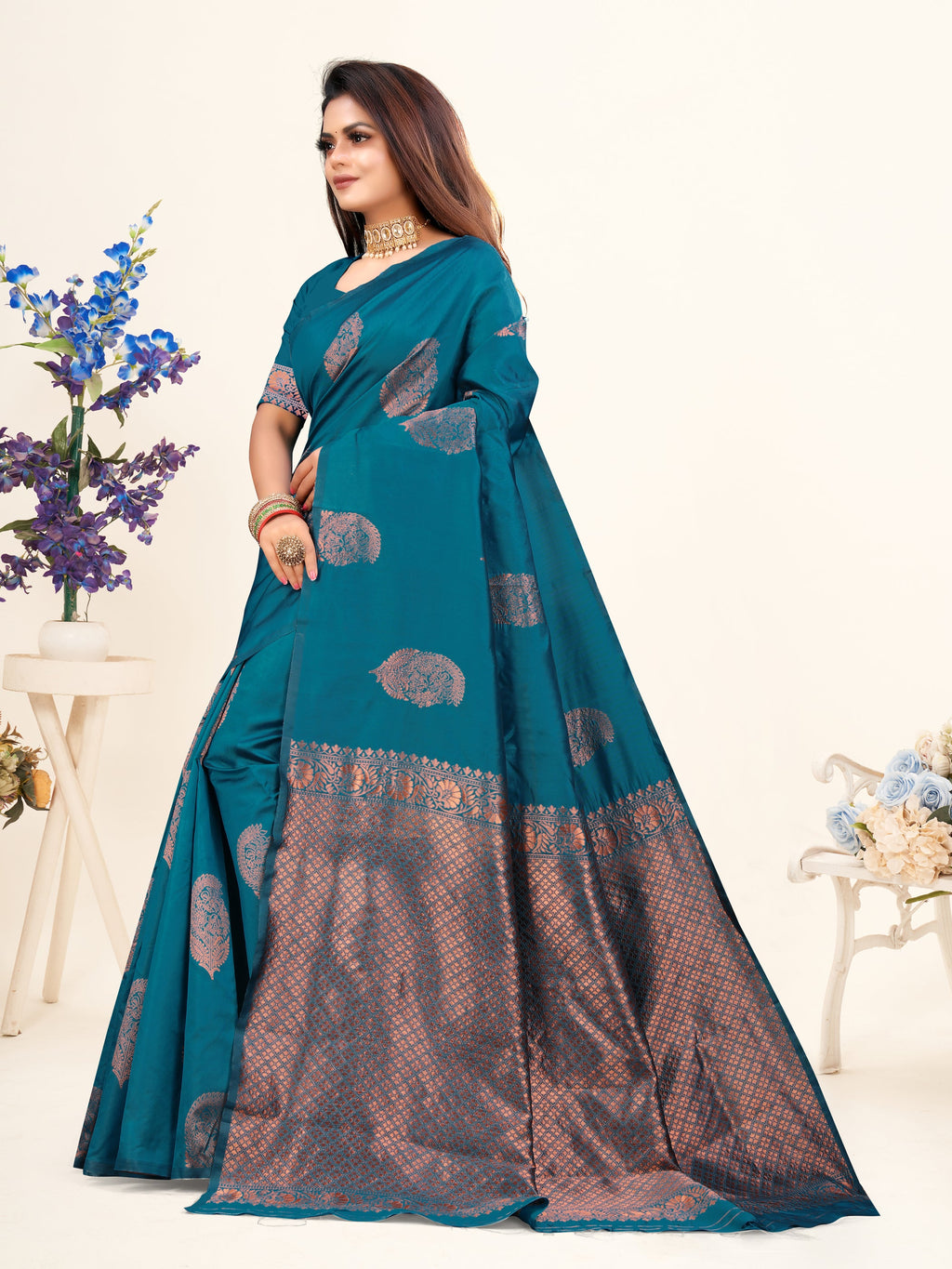 Vedant Vastram Litchi Silk Designer Banarasi Saree - Rama | Grocsy