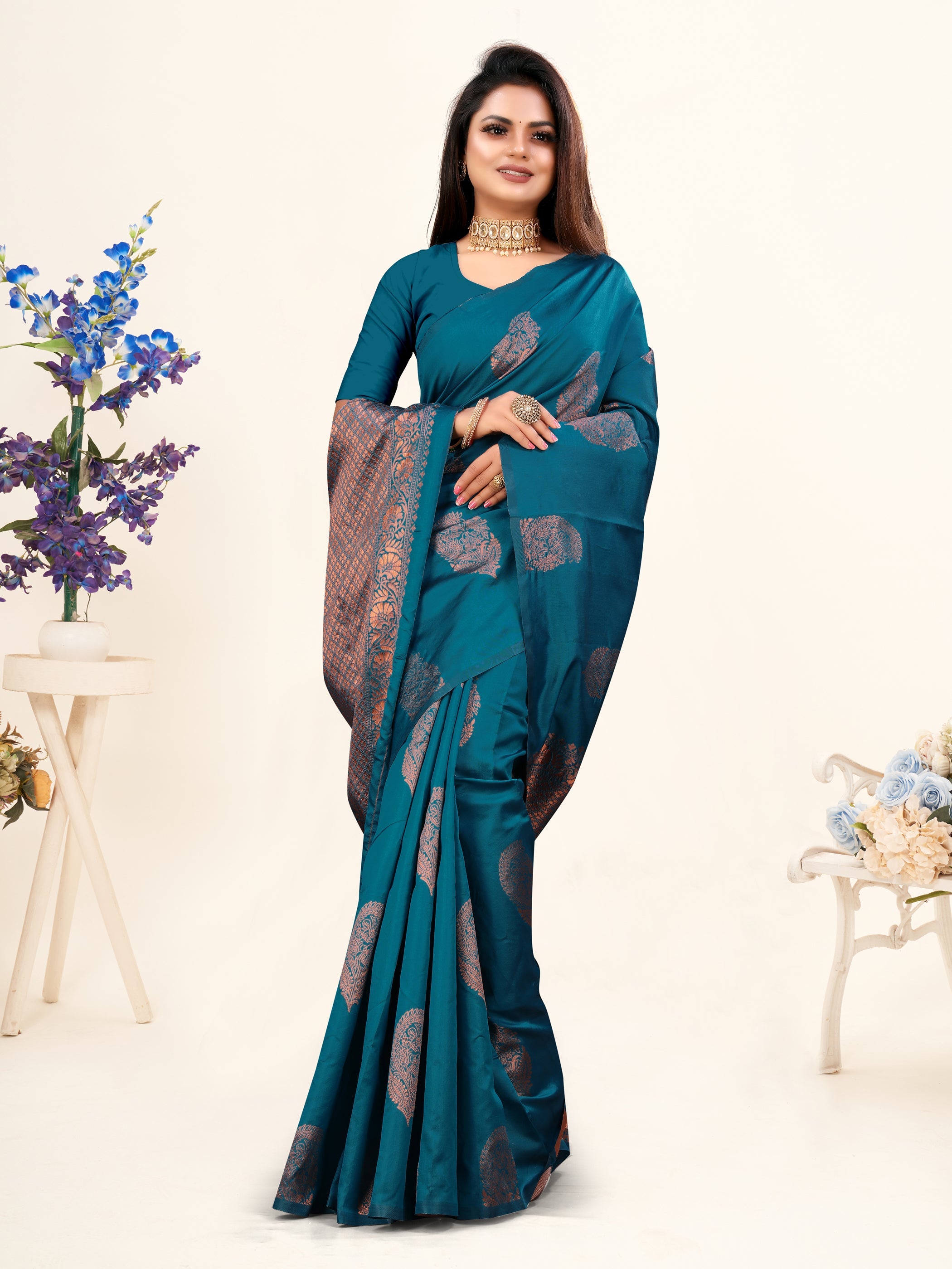 Vedant Vastram Litchi Silk Designer Banarasi Saree - Rama | Grocsy