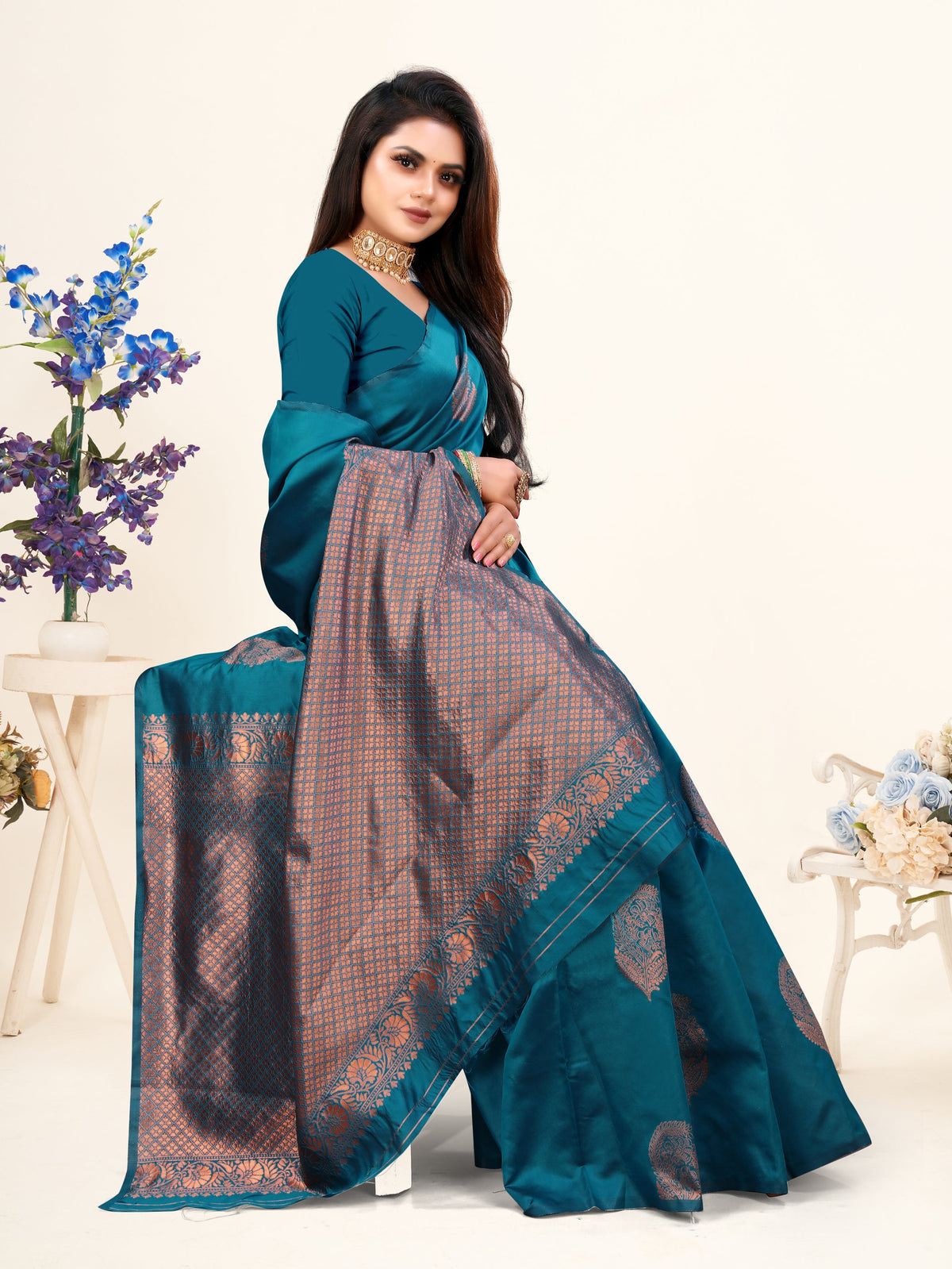 Vedant Vastram Litchi Silk Designer Banarasi Saree - Rama | Grocsy