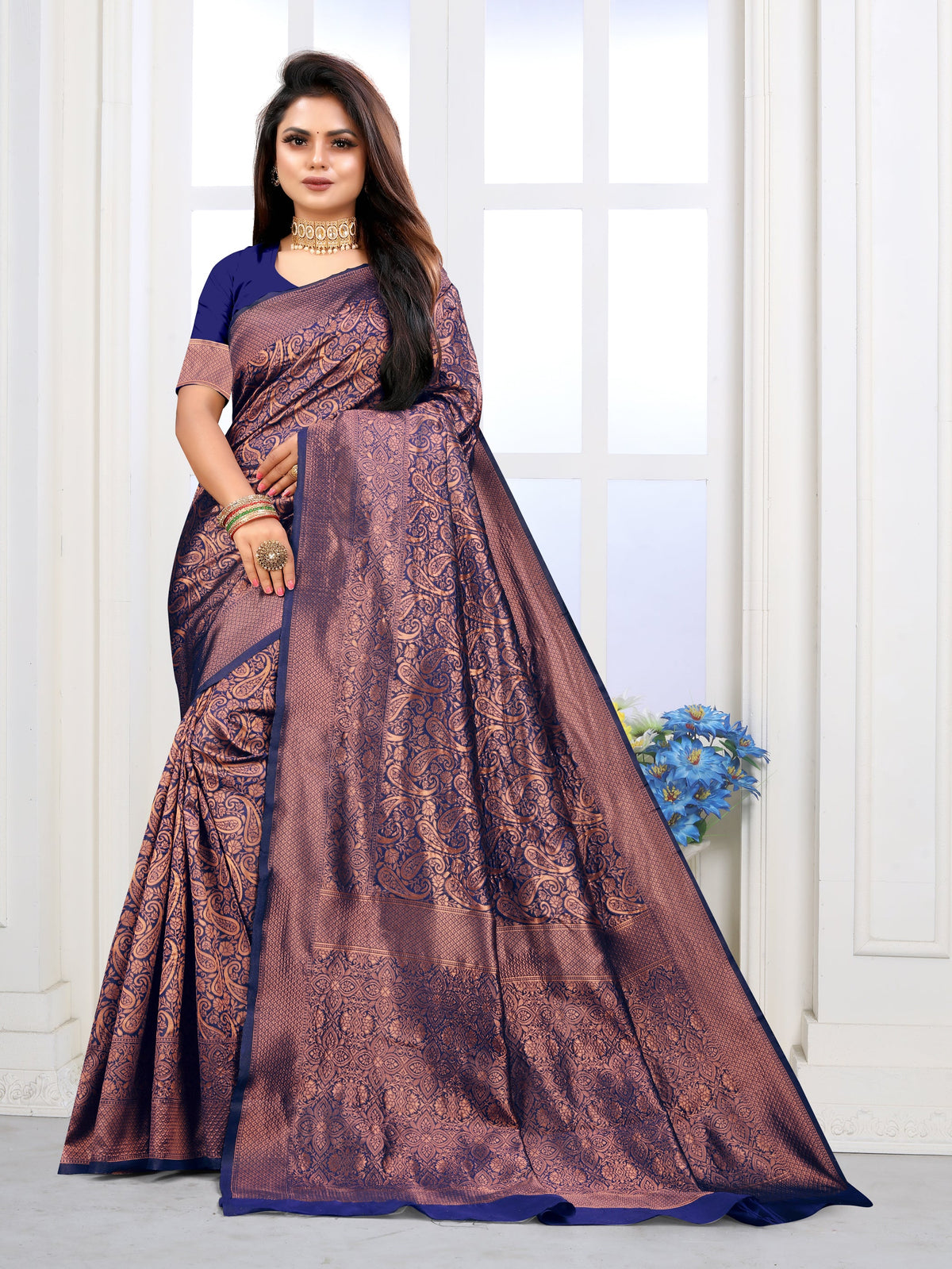 Vedant Vastram Litchi Silk Designer Banarasi Saree - Navy | Grocsy