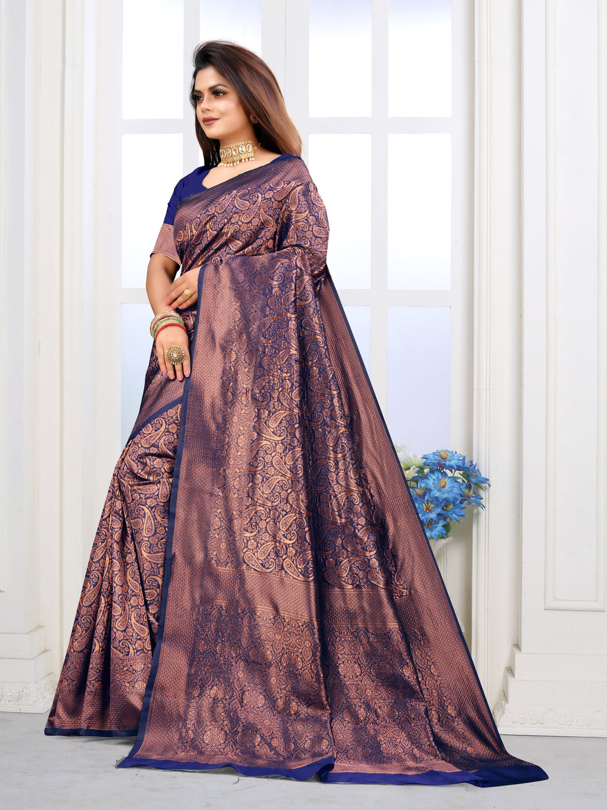 Vedant Vastram Litchi Silk Designer Banarasi Saree - Navy | Grocsy